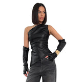 Zingj Women's 2024 New Street Hipster Sleeveless Diagonal Collar PU Leather Vest And Sleeve Top For