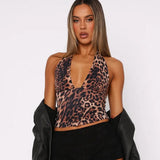 Zingj Women's New Leopard Print Hanging Neck Sleeveless Back V-Neck Short Small Vest