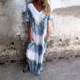 Summer New Women's Casual Loose Short-Sleeved V-Neck Open Fork Dyed Long