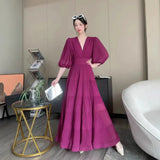 Seaside New Super Layer V-Neck Waist Temperament Famous 100 Fold Dress Short-Sleeved A-Word Dress