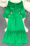Pleated Party Midi Dress Women Sexy Slash Neck Off Shoulder Flare Long Sleeve Draped Ruffle Vestidos Female