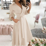 Women's Fashion Print Long-Sleeved V-Neck Bag-Groomed Commuting Dress