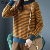 Women Houndstooth Half-turtleneck Loose Soft Long Sleeve Knitted Elegant Vintage Retro Biritish Style Lady