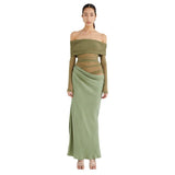 Autumn And Winter Women's Fashion Word Shoulder Long Sleeves Bare Waist Mesh Splicing Bag Of Hip