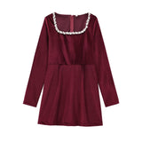 2025 New Women's French Retro Square Collar, Long Sleeve, Slim Nail Bead And Inset Velvet