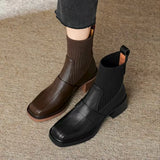 Autumn New High-Winded British Style Short Boots Woman Retro Brown Square Head Thick And Elastic Thin Boots Socks