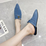 Denim Cloth Flat Bottom Baot Slippers Women Wearing Large-Size Pointed Mule Half-Dragging Single Shoes