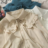 Sweet White Shirt Women Korean Lace Up Peter Pan Collar Blouses Spring Autumn Elegant Office Work Long Sleeve Ladies