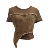 Shooting Denim Splicing Mesh Yarn Short-Sleeved T-Shirt Summer Dress Irregularly Short High-Waist Repair Body Coat