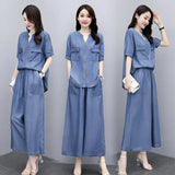 Cowboy Broad Leg Pants Set Summer Large Size Cover Thin Mother Casual Loose Ocean To Lose Age Thin
