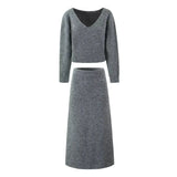 Temperament Gray V-Neck Long-Sleeved Knitwear In Autumn 2025 + High-Waisted Knitted Half-Dress