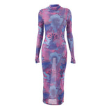 2024 Women's Summer New Round-Neck Long-Sleeved Cover Finger Mesh Printing Casual Long Dress Dress