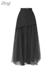 Design Vintage Tulle Patchwork Black Skirt Women 2023 Autumn New High Waist Lady Long Pleated Korean Style Mid Long