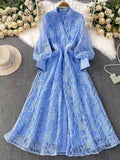 Retro Elegant Dress Woman 2025 New High-End Collar Single Buckle Waist Embroidery Mesh