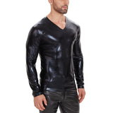 Zingj Men's Soft Lacquer Leather T-Shirt V Neck Long Sleeve Bright Leather Coat No Odor Size