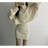 Autumn And Winter French Gentle Hemp High-Necked Short Sweater + Knitted Skirt
