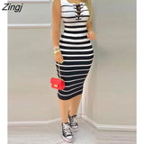 Sleeveless Striped Print Colorblock Eyelet Lace Up Casual Tight Skinny Bodycon Dresses Loungewear Women Tank Dresses
