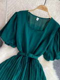 Vintage Pleated Midi Dress Women Green/Red/Blue Square Collar Puff Short Sleeve High Waist Draped Vestidos Female