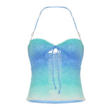 Fresh Girl Dopamine Gradient Color Woven Sling Design Hollow Low Tie Collar Sexy Vest