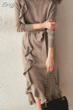 O-neck Ladies Knitted Dress Long Sleeve Ruffles Slim Lace-up Female Sweater Midi Dresses Autumn Winter 2023 New