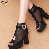 New Fashion Women's Shoes Fish Mouth Sandals Women's High-heeled Mesh Thickened Summer Hollow Mesh Open Toe Solid