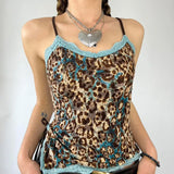 Zingj Dopamine Lace Spliced Leopard Print Sling Vest Women's Side Slit Closed Waist Strap Bottom