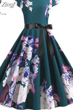 Women Short Sleeve Print Vintage Halloween Party Midi 50s 60s Casual Elegant Summer Floral Dresses Robe Femme