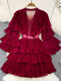 Vintage Women Cascading Ruffle Party Dress Elegant V-Neck Flare Long Sleeve High Waist A-Line Mini Vestidos Female