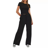 Suit Folding 2025 New Solid Short-Sleeved Top High-Rise Broad Leg Pants