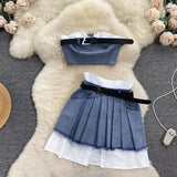 Zingj Girl Vintage Tooling Style Suit Female Design Sense Minority Strapless Vest High Waist Pleated Skirt Denim Two-Piece