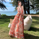 Zingj Photo Summer Embroidered Red Lily Flower Wings Hanging Neck Back Dress