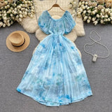 Summer New Irregular Dye Printing Short-Sleeved Sleeves Holiday Bubble Sleeves To Reduce The Age Of French Dress