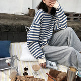 Zingj 2024 New Korean Women's Striped Long-Sleeved T-Shirt Female Top Students Thin Loose Round Collar Hoodie