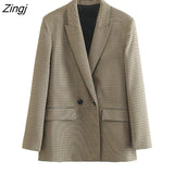 Women Vintage Double Breasted Notched Collar Plaid Blazer Coat Femme Long Sleeve Flap Pockets Outerwear Chic Veste