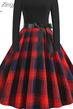 Autumn Winter Women Plaid Print Dress Elegant Casual Vintgae Dress Robe Femme Black Patchwork A-line Party