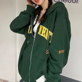 Letter Embroidery Oversized Zip Up HoodieOutfit
