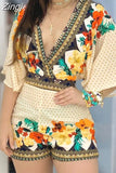 Women's Jumpsuit Casual Summer Floral Printed Playsuit 2023 Women Rompers 3/4 Sleeve Backless Playsuit Women