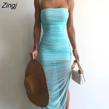 Mesh Slim Slip Dress Summer Women Leisure Style Solid Color Micro-perspective Ruched Sleeveless Split Long