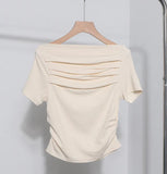 Real Shot A Word Shoulder Short Sleeve Pressure Folded T-Shirt Summer Slimming Pure Lust Folded Collarbone Short Blouse