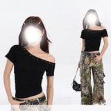New Black Korean Version Of Irregular Slanted Shoulder Short-Sleeved T-Shirt Girls Summer Design Feel Hottie Repair