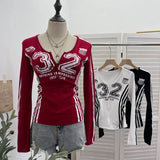 Shooting Sports Wind Crash Color Print Semi-Zip V-Neck Long-Sleeved T-Shirt With Thin Velvet Bottom Short Top