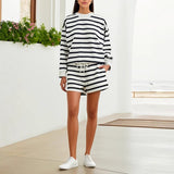 And Autumn 2025 New Round Collar Loose-Fitting Stripe Hit The Color Of The Jacket Women's Suit Long Sleeves And Open Shoulder Clothes +