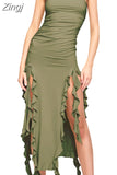 Sexy Strapless Off Shoulder Midi Dress Women Ruffles Split Beach Dress 2023 Summer Slim Fit Party Female Vestido