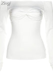 Women Winter 2023New Y2K White Simple Casual Office Lady Elastic Skinny Off Shoulder Sexy Bow Tie Decoration Chic
