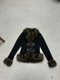 Autumn New Street Style Y2K Retro Wool Collar Splicing Leather Buckle Waist Jacket Casual