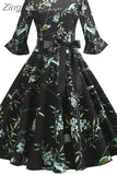 Print Vintage Dress Christmas Dress Women Winter Elegant Party Dresses Petal Sleeve Casual Midi