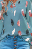 Feather Print Blouse Chiffon Shirts Women Long Sleeve Tops Autumn V-Neck Causal Loose 5XL Clothes Blusa Mujer