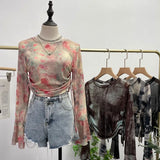Not Sultry Hot Tie Dye Net Yarn Long-Sleeved T-Shirt Drawstring Tethered With Short-Sized T-Shirt Horn Sleeve Top