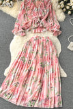 Autumn Women Draped Floral Two Piece Set Vintage Flower Printed Ruffle Blouse + High Waist Pleated Skirt 2Pcs Suits