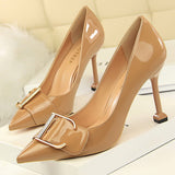 Shoes Metal Button Woman Pumps Patent Leather High Heels Luxurious Sexy Party Shoes Stiletto Heels Ladies Large Size
